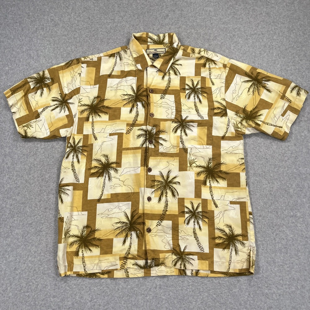 Tommy Bahama Hawaiian Shirt Mens Medium Gold Palm Tree Loop Collar Silk Tropical